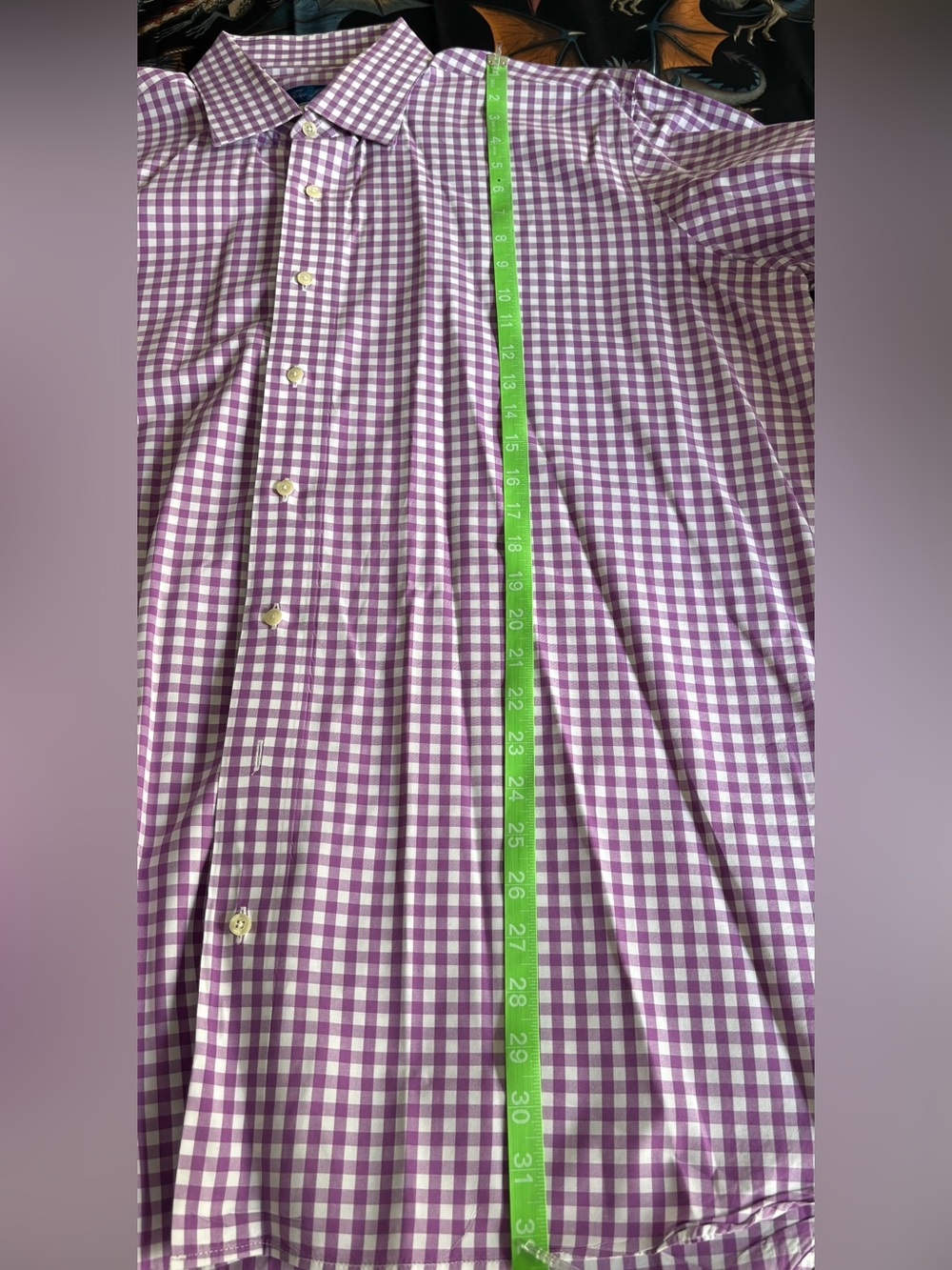 TAKING OFFERS! Tom James Custom Purple Gingham Dress Shirt, *XL (see measurement - Picture 8 of 9